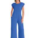 Nfsion Women's Summer Casual Round Neck Loose Cap Sleeve Long Pants Vacation Jumpsuit Romper with Pockets Medium Blue
