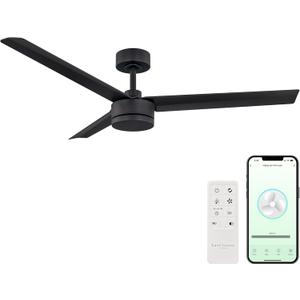 Breeze Collection Smart Indoor and Outdoor 52in 3-Blade Ceiling Fan in Matte Black with Remote Control Works With iOS or Android App