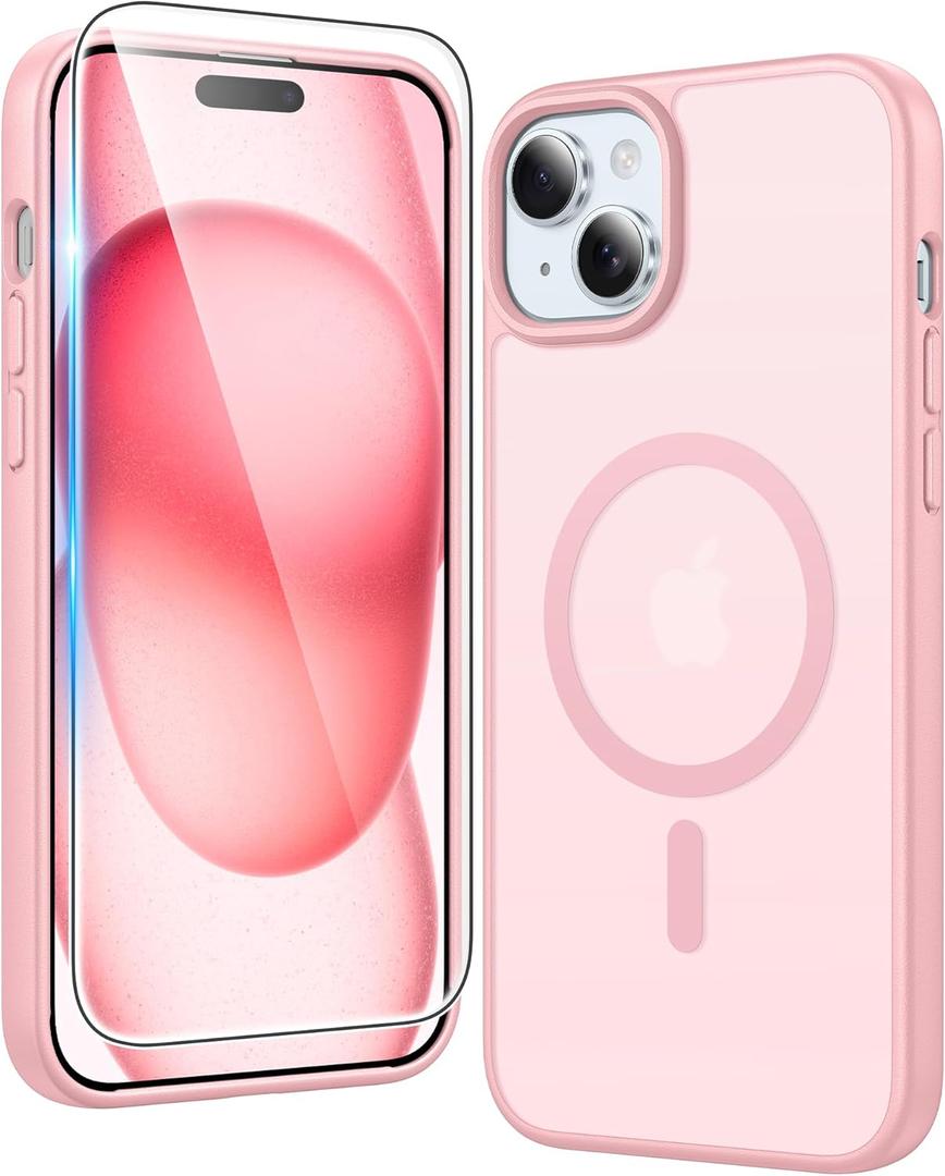 FNTCASE for iPhone 15 Case Matte: iPhone 14/13 Case Magnetic Phone Cases with Screen Protector Compatible with Magsafe Slim Anti Yellowing Rugged Protective Translucent Cell Cover (C-Pink)