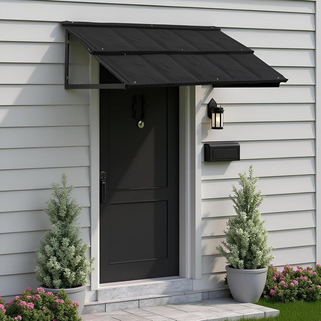 Patio Awning, Door Awning with Galvanized Steel, Patio Canopy, 52.75" x 31" for Door and Window, Fixed Metal Awning with Bracket, Outdoor Awning, Black