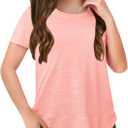 Haloumoning Girls Summer T Shirts Loose Curved Hem Short Sleeve Shirt Athletic Casual Tops Tees 4-14 Years (Pink)