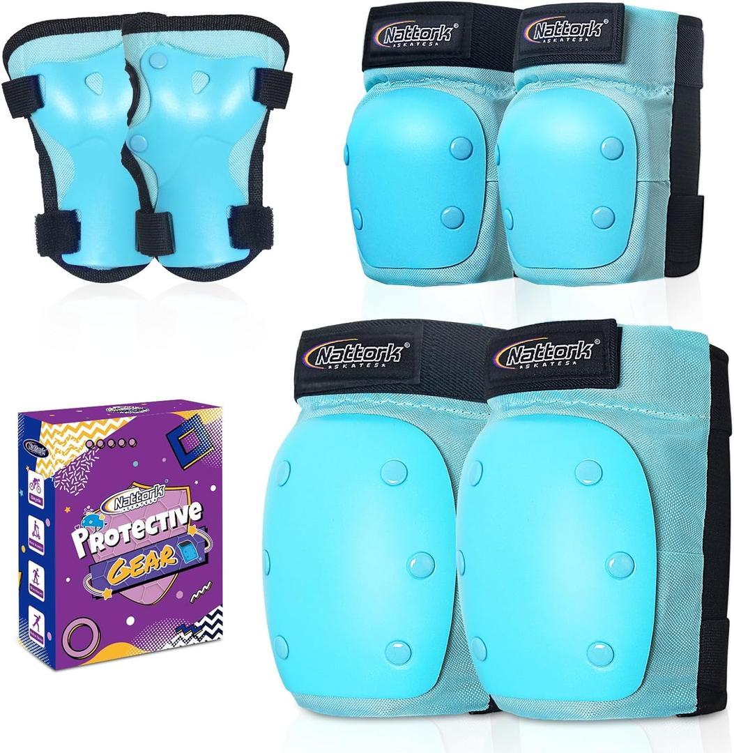 Nattork Knee Pads for Kids Youth AudltKnee and Elbow Pads with Wrist Guards 6 in 1 Protective Gear Set for Skateboard, Roller Skate, Inline Skates, Cycling and Scooter Boys Girls (M-Teens and Adults, Teal)