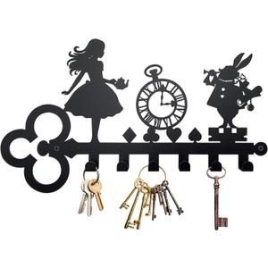 Alice Decorative Key Holder for Wall  Metal Wonderland Entryway Key Hook Rack, Bunny with Vintage Clock, Alice Wall Decoration, Unique Gifts for Kids & Alice Lovers Home Decor