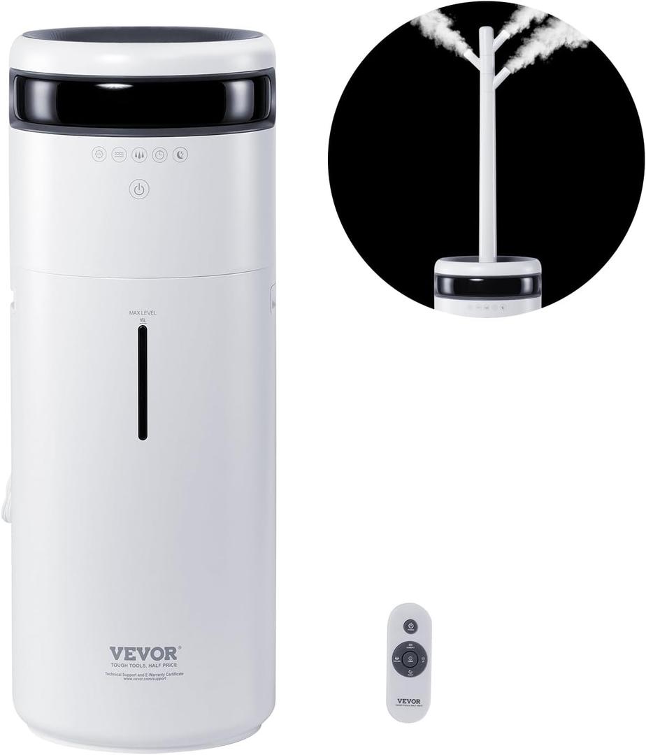 VEVOR Humidifier for Home Large Room 1291.7 sq ft, 16L Commercial Humidifier for Whole House Greenhouse Night Light & 12h Timer & Auto Shut-Off Humidifiers, Commercial Branch Tube w/ 360° Nozzle