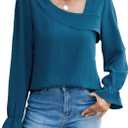 BMJL Womens Blouses Dressy Casual Asymmetrical Neck Long Sleeve Shirts Business Work Fall Tops (Medium, Dark Cyan)