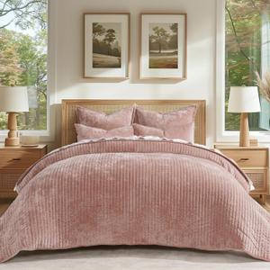 EverGrace Velvet Quilt Set Queen Size, Luxurious Soft Striped Channel Bedding Set, Lightweight Velvet Comforter for All Season, Oversized Bedspread Coverlet with 2 Matching Shams, Pink Clay