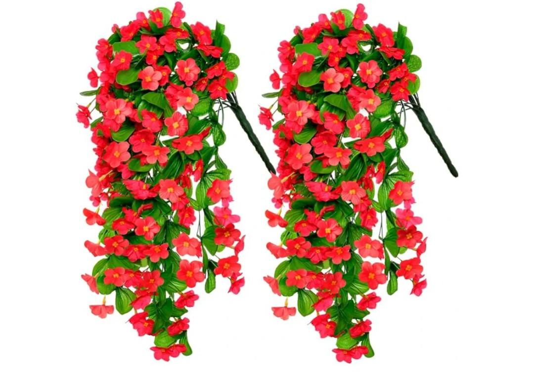 ZFProcess 2PCS Artificial Hanging Flowers, Fake Hanging Plants Violet Vines UV Resistant for Wall Home Room Garden Wedding Indoor Outdoor Spring Summer Decoration, Red