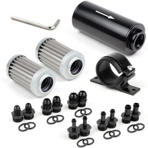 10 Micron Inline Fuel Filter with 6AN 8AN 10AN Adapter(6pcs), Barb 1/2", 3/8", 5/16" Fitting Adapter (6pcs),Bracket Clamp 50MM Universal, 10 Micron Filter Element Replacement