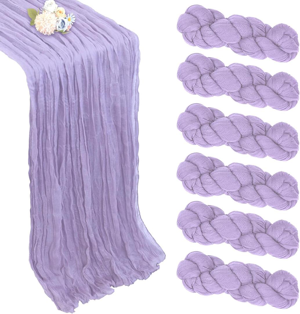 6 Pack Lilac Purple Table Runner 10ft Boho Gauze Fabric Cheesecloth Table Runner 35 x 120 Inch Rustic Sheer Runner for Holiday Baby Shower Home Dcor Party Wedding Decoration