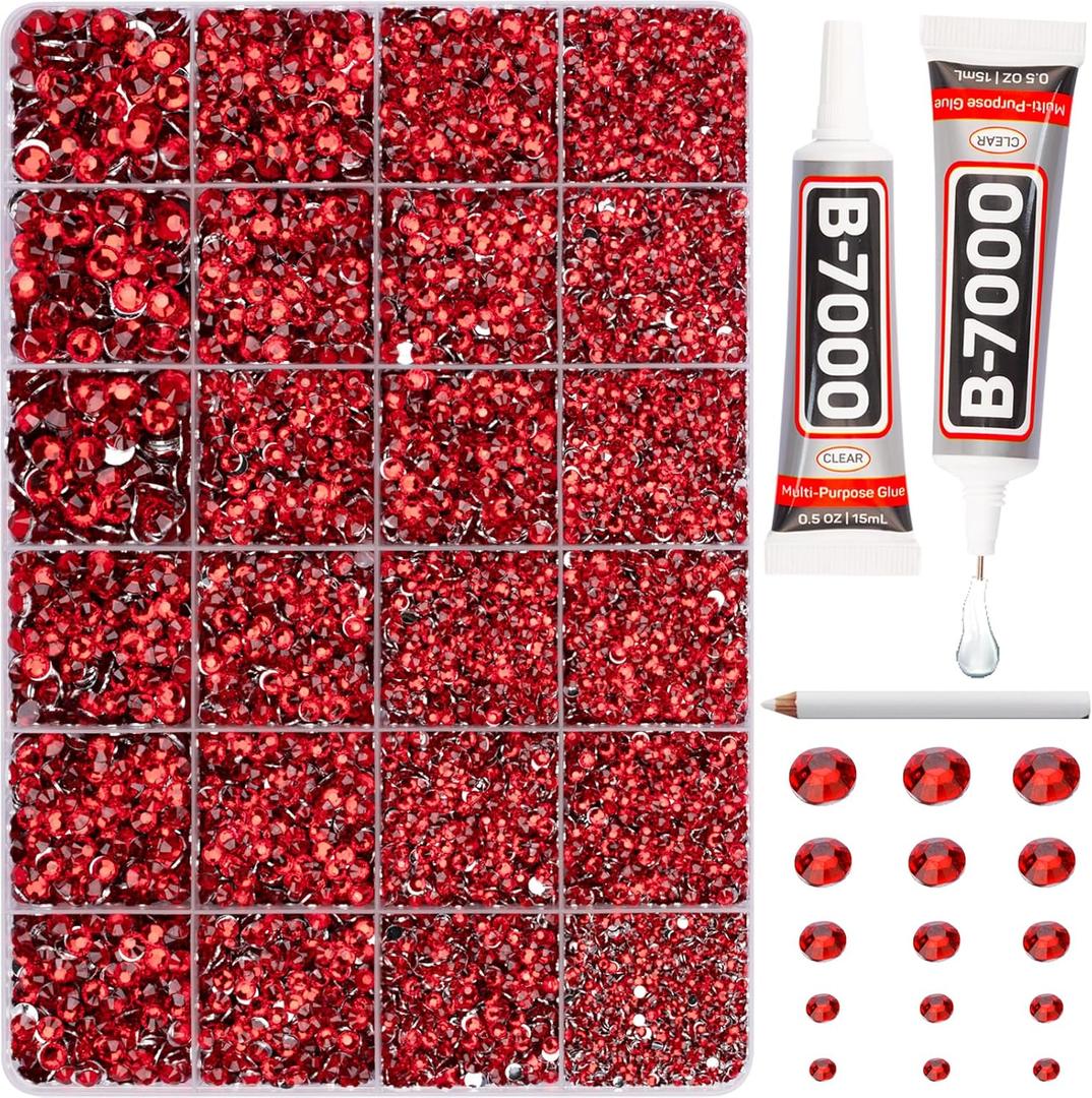 20100Pcs Red Rhinestones for Crafts Bedazzling with b7000 Gem Glue, Flatback Rinestones Crystals Diamonds for Clothing Clothes Fabric Shoes Decoration, Flat Back Gemstones Bulk Badazzle Kit 2-6mm