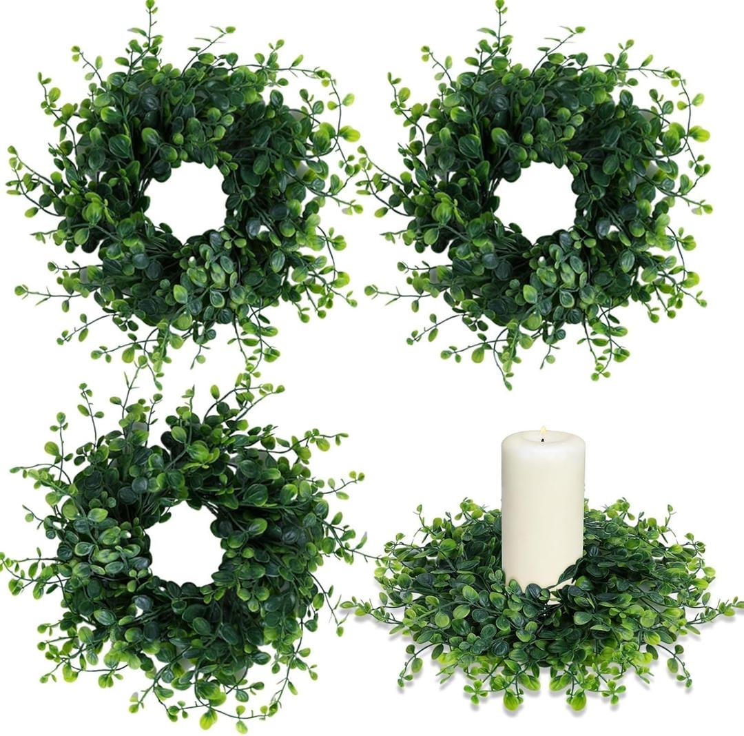 4 Pcs Candle Rings Wreaths 3 Inch Wedding Candle Rings Pillars Candle Wreath Kitchen Cabinet Wreaths Mini Green Boxwood Candle Wreath for Wedding Party Decor