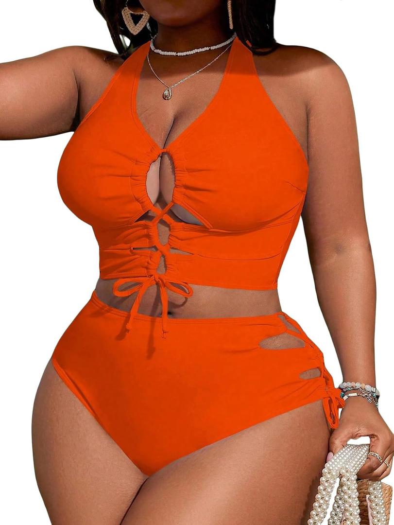 SOLY HUX Womens Plus Size Two Piece Bathing Suit Bikini Swimsuit | Tummy Control, High Waisted Bikini Sets, Adjustable Tie String, Sexy (Orange, XXL)