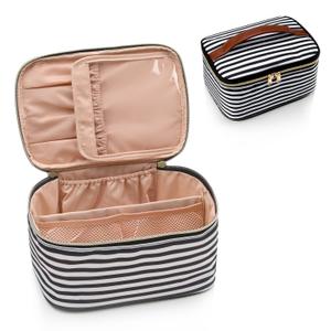 OCHEAL Striped Makeup Bag, Travel Makeup Organizer Bag, Large Capacity Cosmetic Bags For Women Large Travel Toiletry Bag Girls Traveling With Brush Slot And Divider