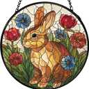 Easter Bunny Flower Stained Glass Window Hanging, Bunny Rabbit Floral Sun Catchers Indoor Window Round Glass Wall Art Decor, Easter Rabbit Suncatcher Wall Hanging Decorations, 7.9x7.9 inch