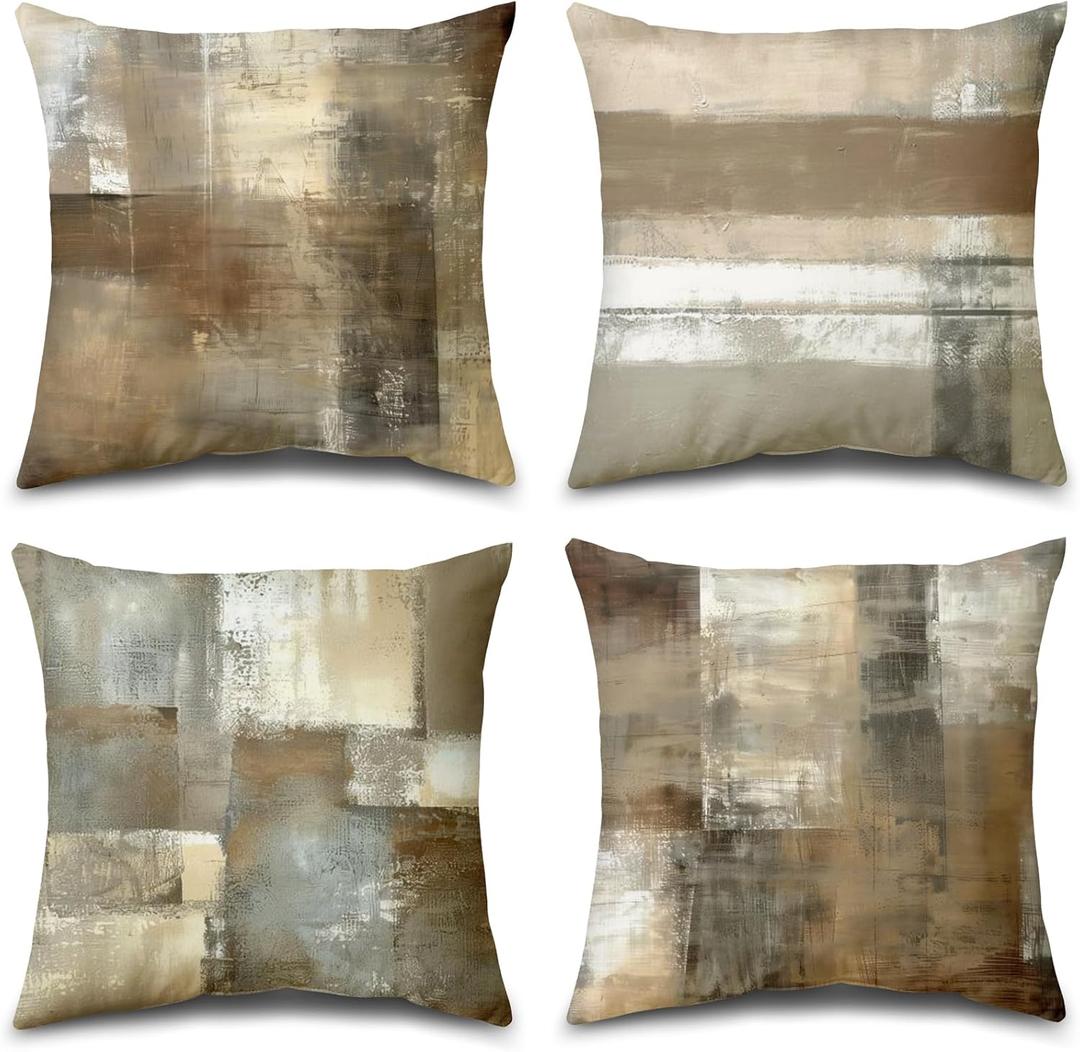 Brown Tan and Gray Set of 4 18 x 18 Inch Throw Pillow Covers, Taupe Modern Art Abstract Painting Home Decor Couch Pillow Covers Neutral Decorative for Sofa Bedroom Living Room