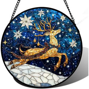 Stained Glass Window Hanging - Reindeer Blue Starry Sky Suncatcher for Doors Home Christmas Decoration Winter Sun Catcher Thanksgiving New Year Birthday Gifts for Women Men Mom Nana 6.3 in (Blue and Gold)