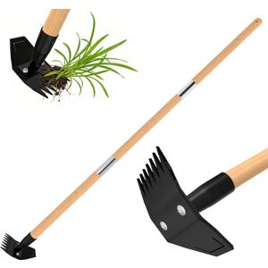 Garden Hoe with Long Bamboo Handle, 2 in 1 Weed Puller Tool&Manual Weed Remover, Weed Rake&Grabber, Gardenia Heavy Duty Uprooting Tool for Yard, Lawn and Garden, 49Inch