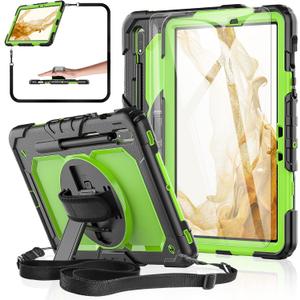 Case for Samsung Galaxy Tab S8/S7 11-inch 5G Tablet Case 2022/2020 [with Tempered Glass Screen Protector], 360° Rotating Kickstand/Hand & Shoulder Strap/S Pen Holder (Green)