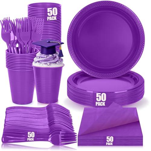 200pcs Purple Plastic Plates Party Supplies, Disposable Purple Party Plates, 50 of Each 9" Dinner Plate, Napkins, Cups & Cutlery Dinnerware Party Decorations for Graduations, Birthday, Wedding