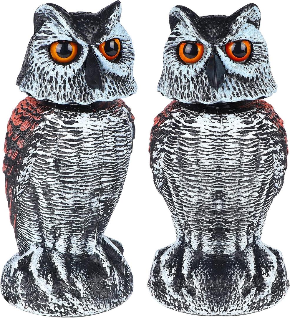 Hausse 2 Pack Fake Owl Decoy Bird Scarecrow Sculpture, Rotating Head Plastic Owl Bird Deterrents, Nature Enemy Horned Pest Repellent for Outdoor Garden Yard, 2 Pack, 10.6 Inch