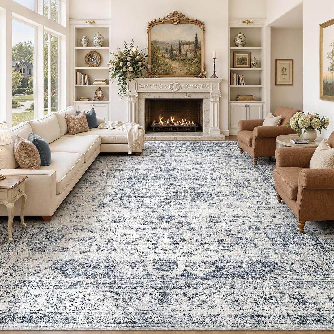 12x15 Area Rugs for Living Room: Washable Neutral Blue Rug