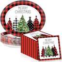 50Pcs Christmas Buffalo Plaid Tree Paper Oval Plates 11 Inch Red Black Checkered Plates and Napkins for Xmas Party Decoration Disposable Christmas Dish Tray Serve 25 for Holiday Winter Party Supplies