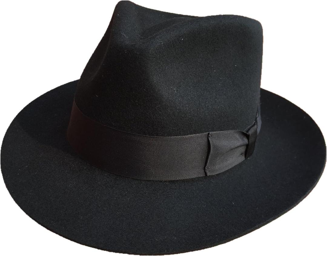 Classic Black Men's Wool Felt Godfather Gangster Mobster Gentleman Fedora Hat (M= 57cm(7 1/ 8))