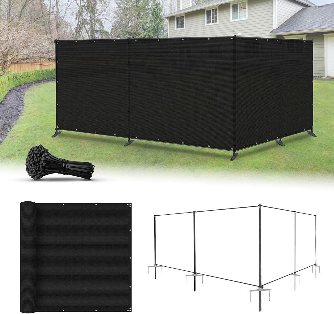 6'x24' Privacy Fence Kit Freestanding Mesh Screen with Iron Poles Temporary Fencing Outdoor Patio Backyard Divider Dog Air Conditioner Trash Fence Black Custom