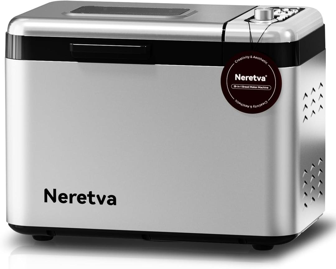 Neretva Bread Maker, 3.3LB Larger Bread Machine 15-in-1 Stainless Steel & Nonstick Ceramic Pan & Auto Nut Dispenser Breadmaker Machines Full Touch Panel with Gluten Free White Wheat Rye French Pizza (Silver)