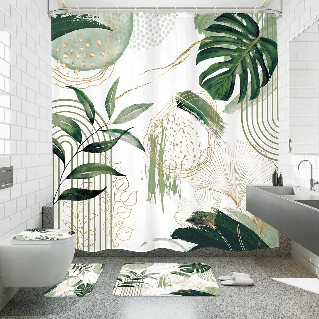 4 PCS Sage Green Boho Shower Curtain Set 72Wx72H, Non-Slip Bath Rug Toilet Lid Cover and U Shape Mat Modern Tropical Palm Leaves Complete Bathroom Set Accessories with 12 Hooks Bathroom Decor