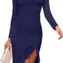 Zattcas Women's 2025 Spring Summer Sexy Ruched Bodycon Midi Dress Mesh Long Sleeve Ruffle Hem Cocktail Wedding Party Dress, XL