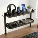 Clamp on Desk Shelf, 24in 2-Tier Office Desk Shelves Organizer, Shelf for Top of Desk with Headphone Holder and Hooks, Desktop Storage Rack for Home Workspace, Study Rooms, Gaming Accessories