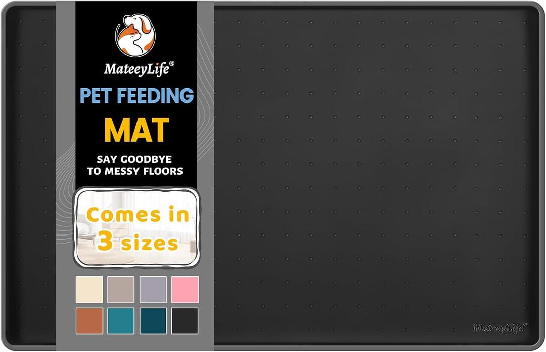 MateeyLife Silicone Cat & Dog Food Mat for Floors Waterproof, Anti-Slip Dog Bowl Mats for Food and Water, Pet Feeding Mats with Lip to Prevent Spills, Pet Placemat for Messy Drinkers to Protect Floors (18''12'', Black)