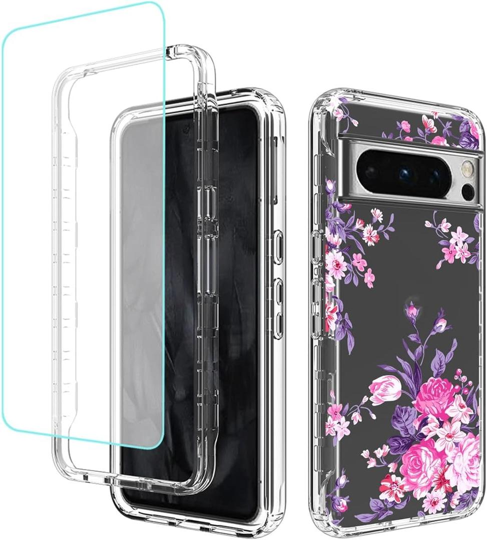 Sidande for Pixel 8 Pro Case, Google 8Pro Case with Tempered Glass Screen Protector, Full Body Clear Floral TPU Slim Phone Protective Armor Cover for Google Pixel 8 Pro Rose Flower
