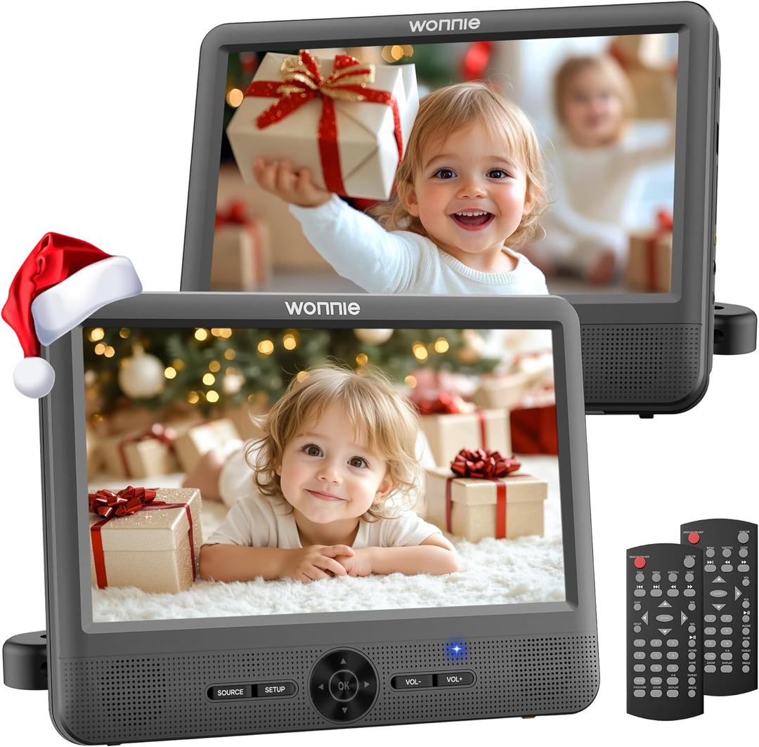 WONNIE 10" Car DVD Players, Portable DVD Player Dual Screen Play Two Different or The Same Movie with Headrest Mounts, 5 Hours Rechargeable Battery, 2 AC Adapters, All Regions, Support USB/SD/Sync TV
