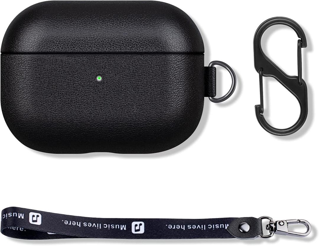 Portable AirPods Pro Case with Keychain Strap and Carry Clip, Full Grain Leather AirPods Pro Case Cover with Protective Microfiber Lining Design - Black