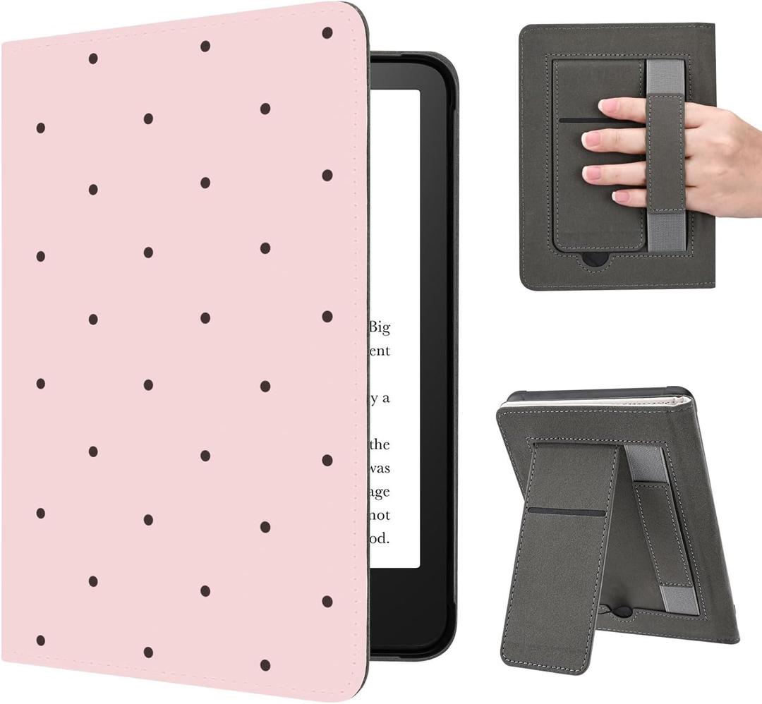 for Basic Kindle 11th Generation Case 6 Inch 2024/2022 Release Cute Polka Dot Pink Classic Vintage Aesthetic Design Soft PU Leather Cover with Auto Sleep Wake, Stand & Hand Strap,
