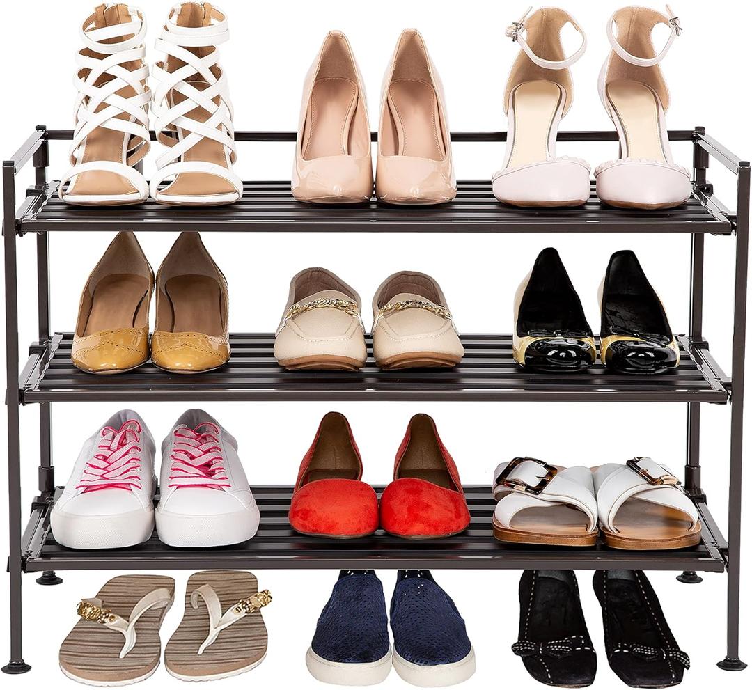 Seville Classics Sturdy Freestanding Storage Shelf for Bedroom, Closet, Entryway, Dorm Room Organizer Stackable Durable Metal Shoe Rack Espresso Slat,(NEW MODEL), 3-Tier Stackable 1" Slat Steel Frame Shoe Rack, 27.25"W x 12.75"D, Espresso