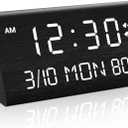 Kogonee Wooden Digital Alarm Clock, 0-100% Dimmer, 2 Alarm Settings, Weekday/Everyday Mode, 9 Mins Snooze, 12/24H, Temperature and Date Display for Office, Travel, Bedroom Alarm Clock (Black)