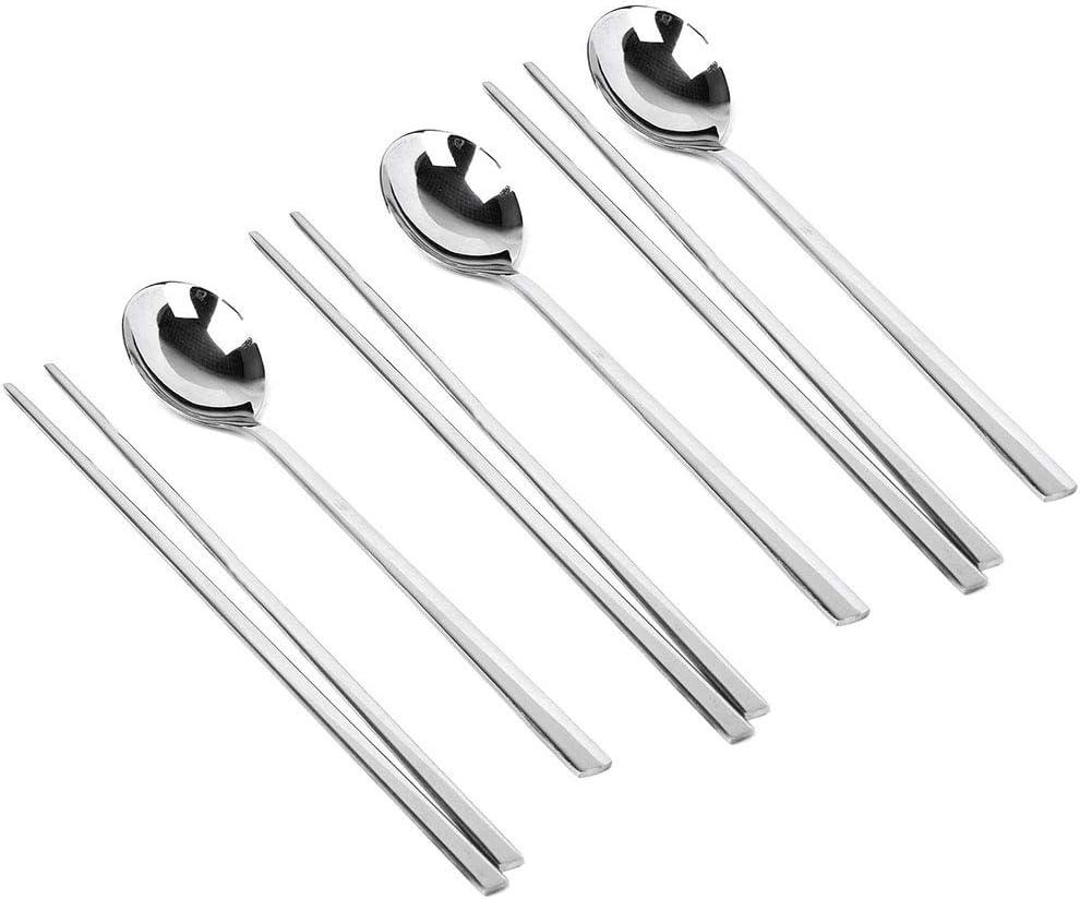 Polished Stainless Steel Spoons and Chopsticks Set, Korean Chopsticks and Spoons tableware with long-hand, Reusable, set of 3-silver