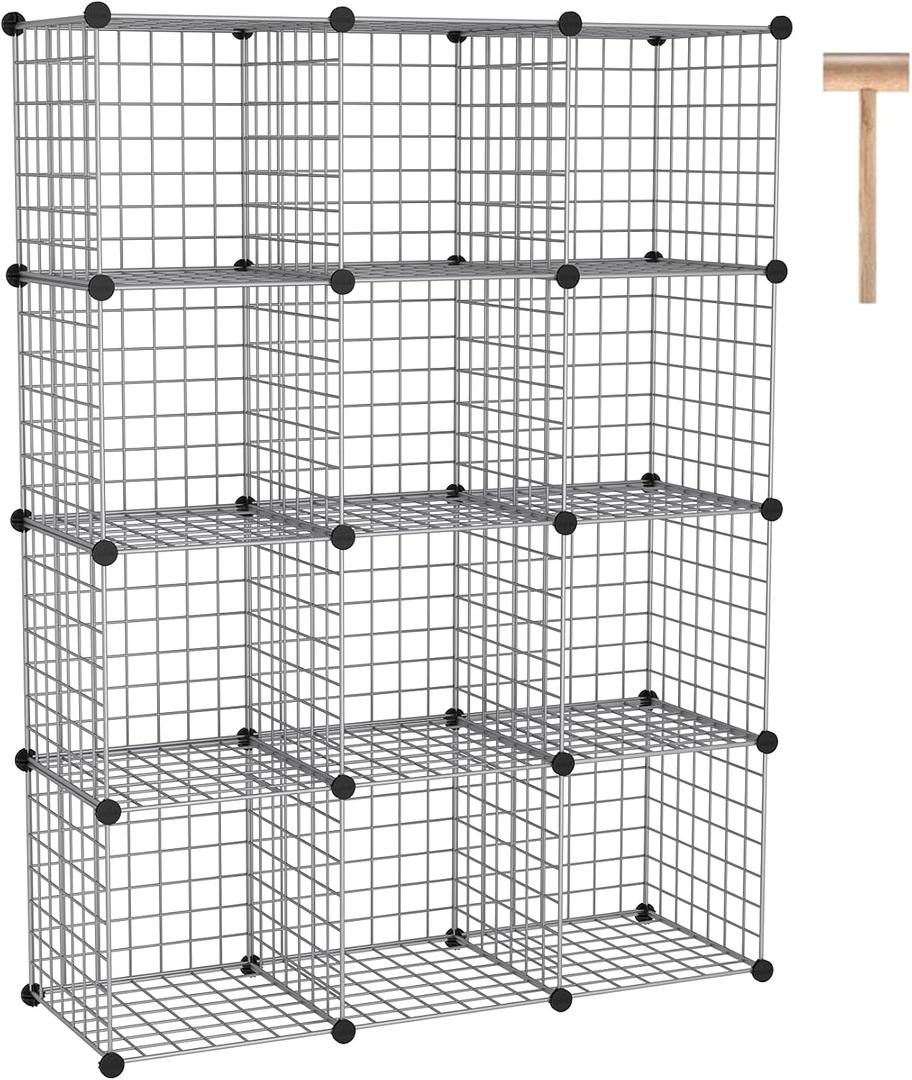 C&AHOME Wire Cube Storage, 12 - Cube Organizer Metal C Grids, Modular Shelves Units, Closet Organizer, Ideal for Home, Office, Living Room, 36.6L x 12.4W 48.4H, Silver Gray UWCS3012G