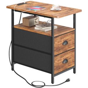 End Table with Charging Station, Narrow Side Table with 2 Drawers, Nightstands with Drawers, USB Ports & Power Oulets,Slim Sofa Side Tables for Small Spaces,Livin Room,Bedroom,Rustics Brown