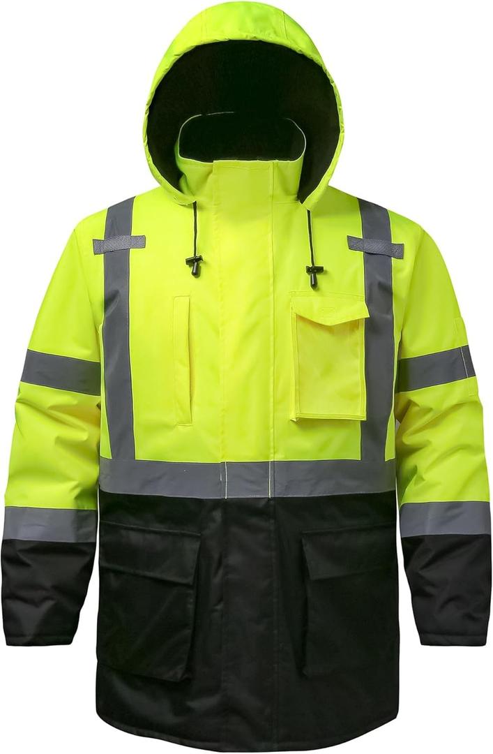 Reflective Jacket, High Visibility Parka, Waterproof Hi Vis, Safety Jacket with Removable Hood and Zipper, ANSI Class 3 (Lime,3XL)