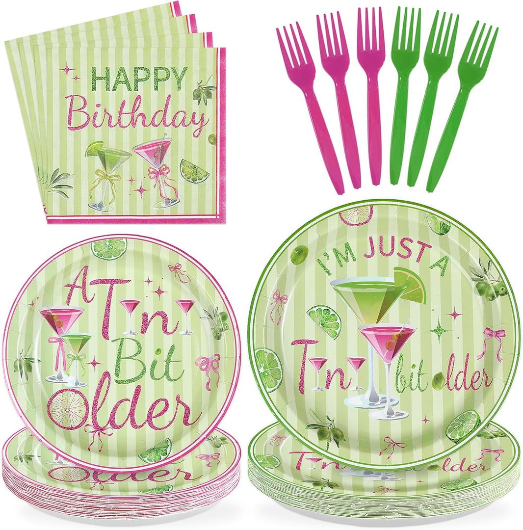 96Pcs A Tiny Bit Older Birthday Decorations Martini Plates and Napkins Tableware Sets Green Pink Martini Bar Decorations for Women Bachelorette Happy Birthday Supplies Serves 24
