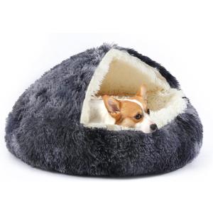 Dog Bed Round Hooded Plush Cat Cave Self Warming Pet Bed Donut Anti Anxiety Fluffy Pet Bed for Puppy and Kitty (Medium 23.6'', Dark grey)