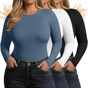 Yearntown 3 Pack Women's Plus Size Thermal Shirts Raglan Sleeve Crew Neck Fleece Lined Tops Long Sleeve Base Layer Underwear(Black, White, Haze Blue,X-Large)