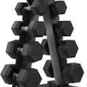 Rubber Coated Hex Dumbbell Weight Set and Storage Rack, 15, 10, 5lbs Pairs