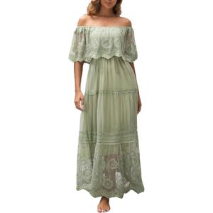 Women's Casual Off Shoulder Lace Maxi Dress Boho White Bridesmaid Wedding Evening Party Dresses (XX-Large, 01 Sage Green)