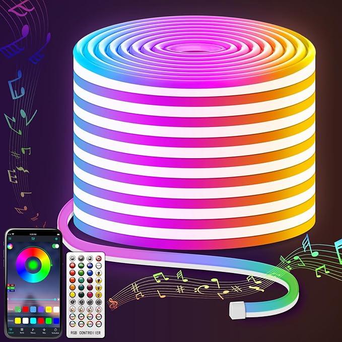 LED neon Lights,50FT RGB Neon Rope Lights,with Remote Control/APP Control,Music Sync,Timer Function,IP67 Waterproof Flexible Neon Strip Lights,for Bedroom Gaming Outdoors Decor