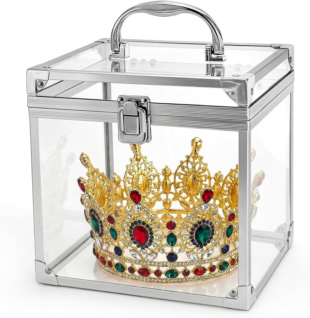 Okllen Crown Boxes for Pageants, Transparent Acrylic Portable Cosmetic Case, Crown Case for Vanity, Bathroom Counter, Dresser, Silver